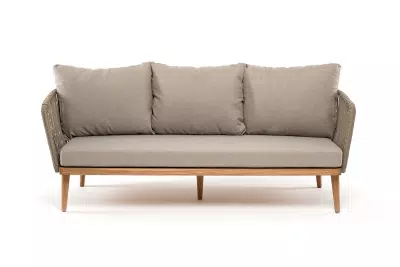 "Мальорка" диван 3-местный плетеный из роупа, основание дуб, роуп серо-коричневый 23мм, ткань бежевая 15052