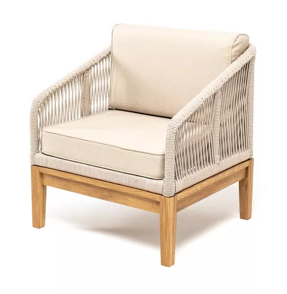 "Канны" кресло плетеное из роупа, основание дуб, роуп бежевый круглый, ткань бежевая 15052