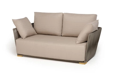 "Форли" диван 2-местный плетеный из роупа, каркас алюминий светло-серый (RAL7035) муар, роуп серо-коричневый 23мм, ткань Mossle бежевая