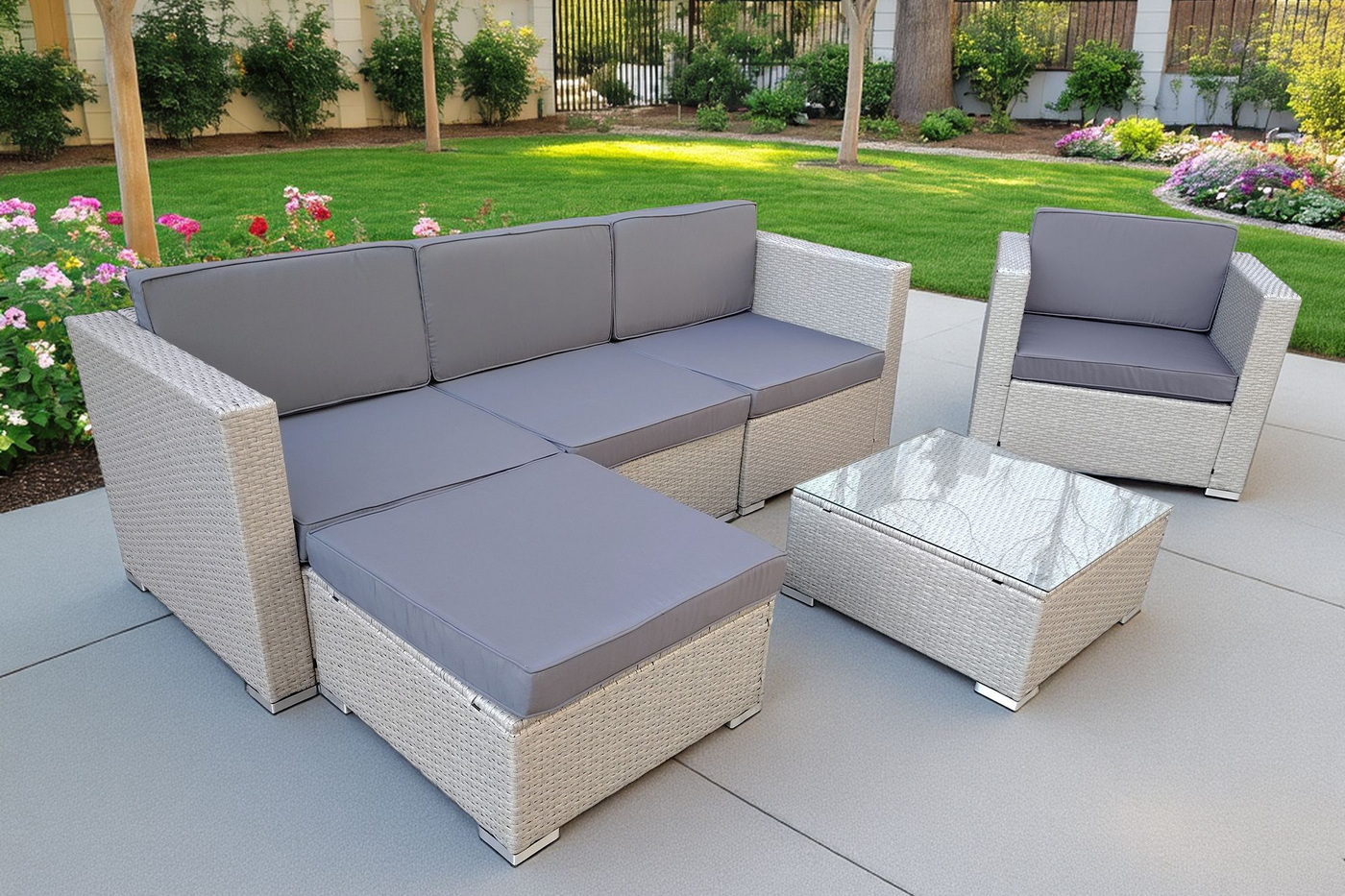 "Даллас" лаунж-зона из искусственного ротанга на 5 персон, цвет серый (К)