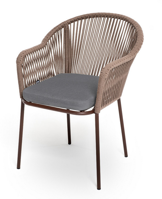 "Лион" стул плетеный из роупа, каркас алюминий коричневый (RAL8016) муар, роуп коричневый круглый, ткань темно-серая