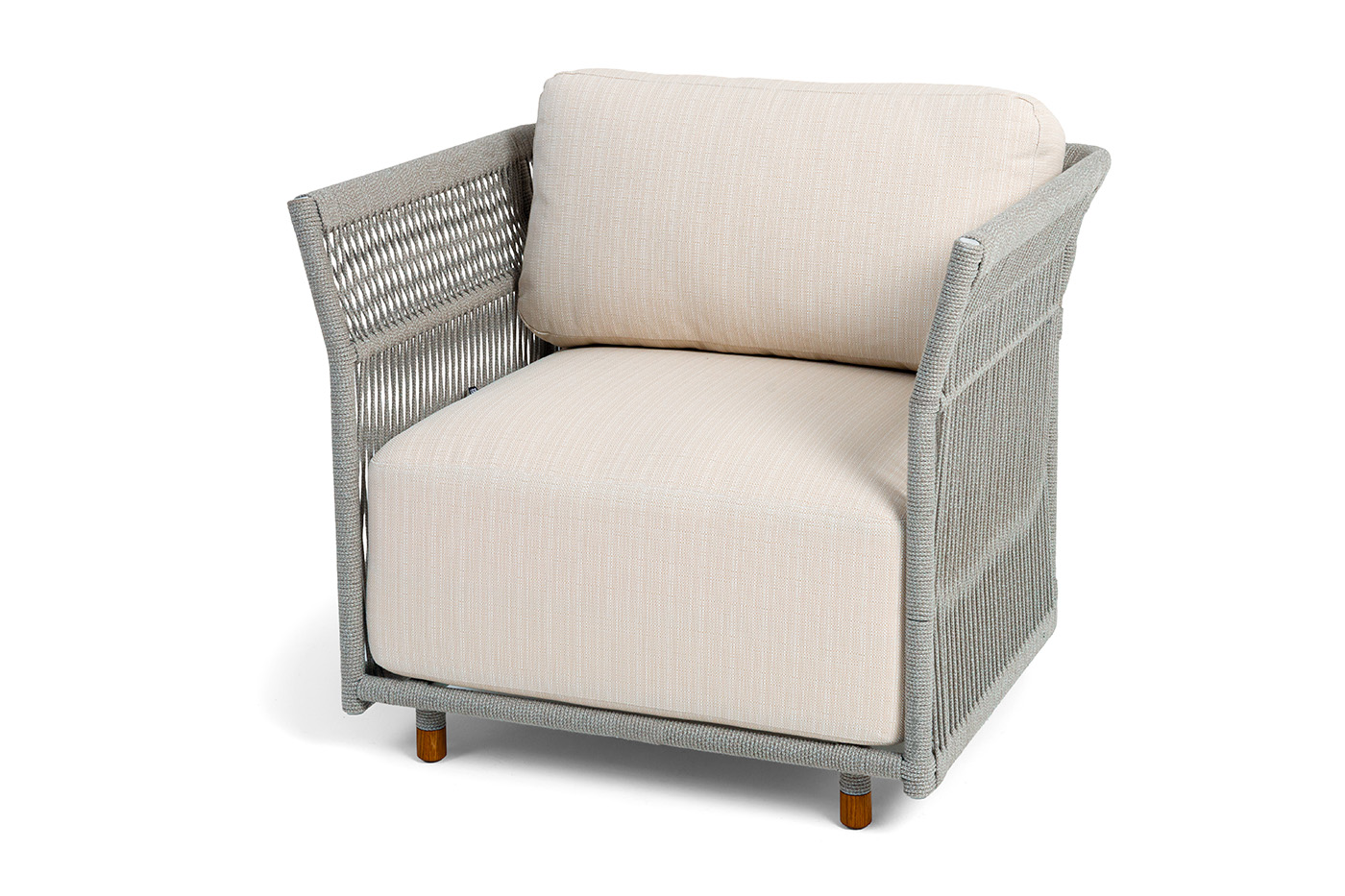 "Лугано" кресло плетеное из роупа, каркас алюминий светло-серый (RAL7035) муар, роуп серый меланж круглый, ткань Mossle светло-бежевая