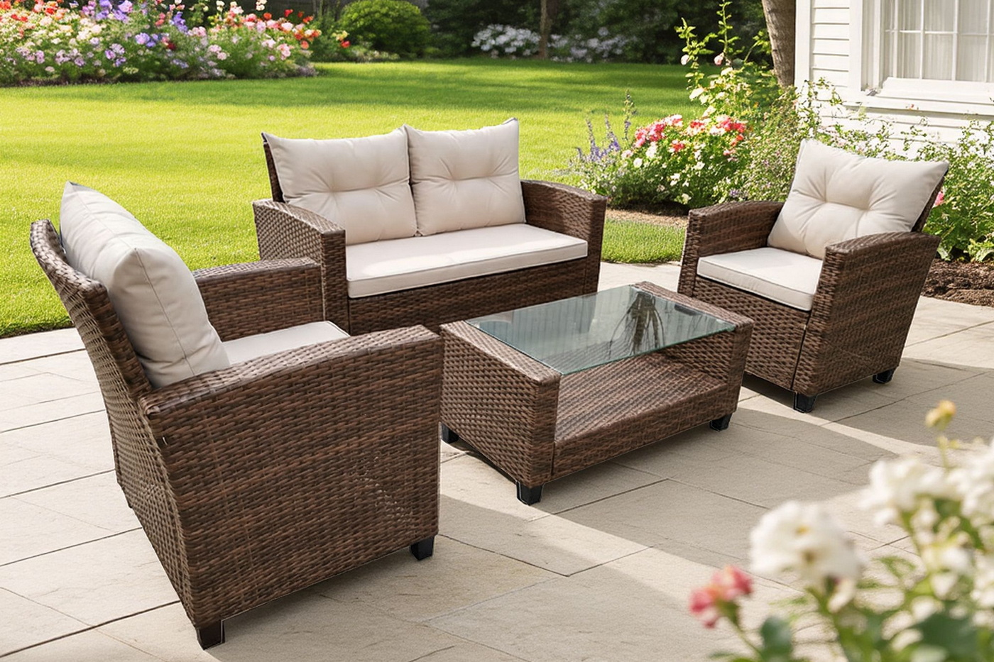 "Филадельфия" лаунж-зона из искусственного ротанга, цвет коричневый, цвет подушек светло-бежевый (К)