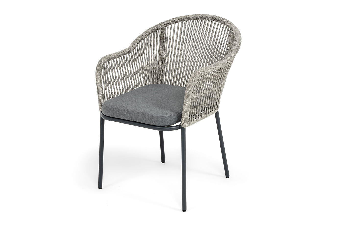 "Лион" стул плетеный из роупа, каркас из стали темно-серый (RAL7024) муар, роуп серый меланж круглый, ткань серая 017