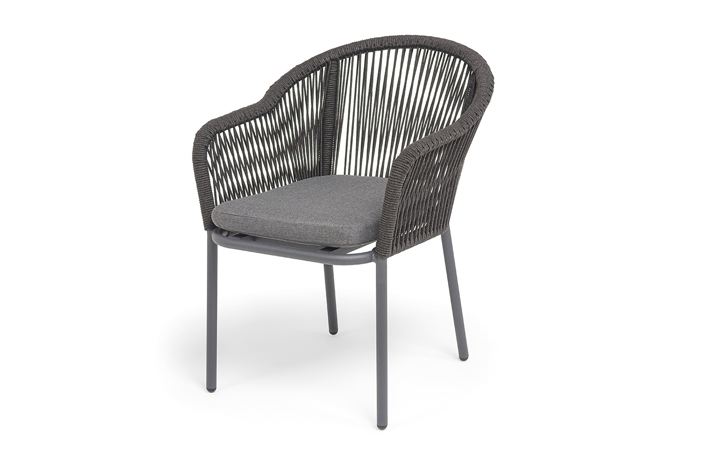 "Лион" стул плетеный из роупа, каркас из стали темно-серый (RAL7024) муар, роуп темно-серый круглый, ткань темно-серая 027