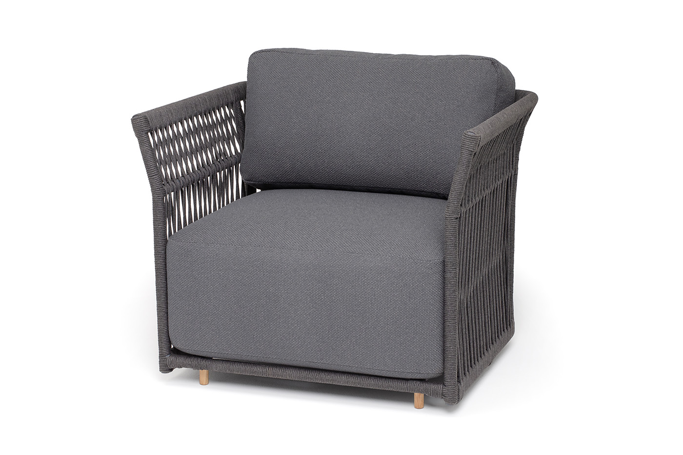 "Лугано" кресло плетеное из роупа, каркас алюминий темно-серый (RAL7024) муар, роуп темно-серый круглый, ткань темно-серая YB25-0027