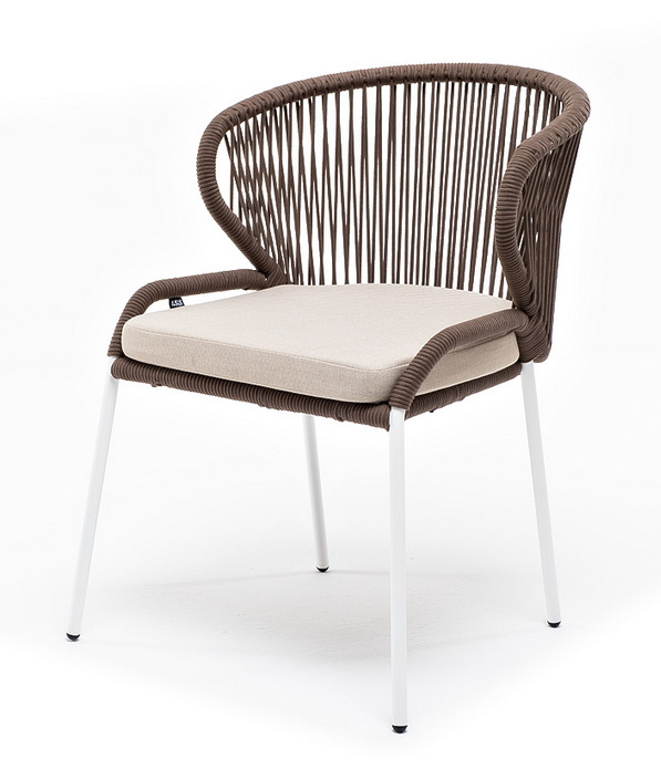 "Милан" стул плетеный из роупа, каркас алюминий белый муар, роуп коричневый круглый, ткань бежевая 052