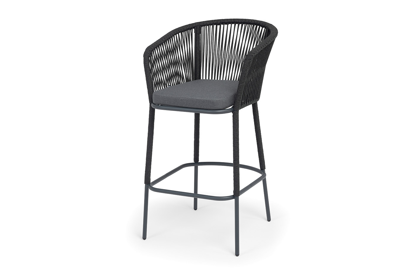 "Марсель" стул барный плетеный из роупа, каркас из стали темно-серый (RAL7024) муар, роуп темно-серый круглый, ткань темно-серая 027 NEW