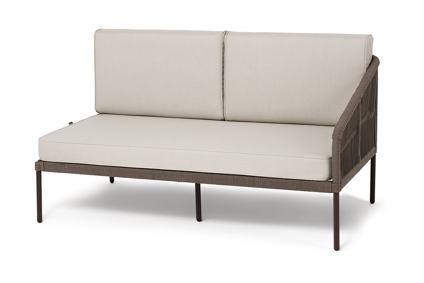 "Канны" левый модуль плетеный из роупа, каркас алюминий коричневый (RAL8016) муар, роуп коричневый круглый, ткань бежевая 035 "Канны" левый модуль плетеный из роупа, каркас алюминий коричневый (RAL8016) муар, роуп коричневый круглый, ткань бежевая 035