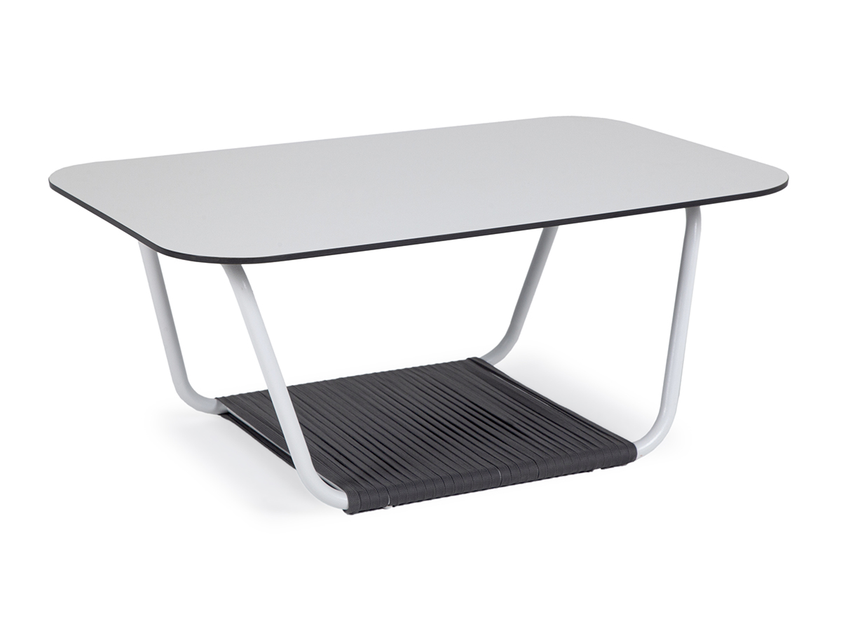 "Гранада" журнальный стол 90х60см из HPL, цвет "молочный", каркас белый муар, роуп темно-серый круглый