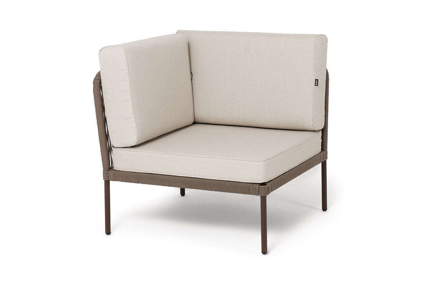 "Канны" угловой модуль плетеный из роупа, каркас алюминий коричневый (RAL8016) муар, роуп коричневый круглый, ткань бежевая 035