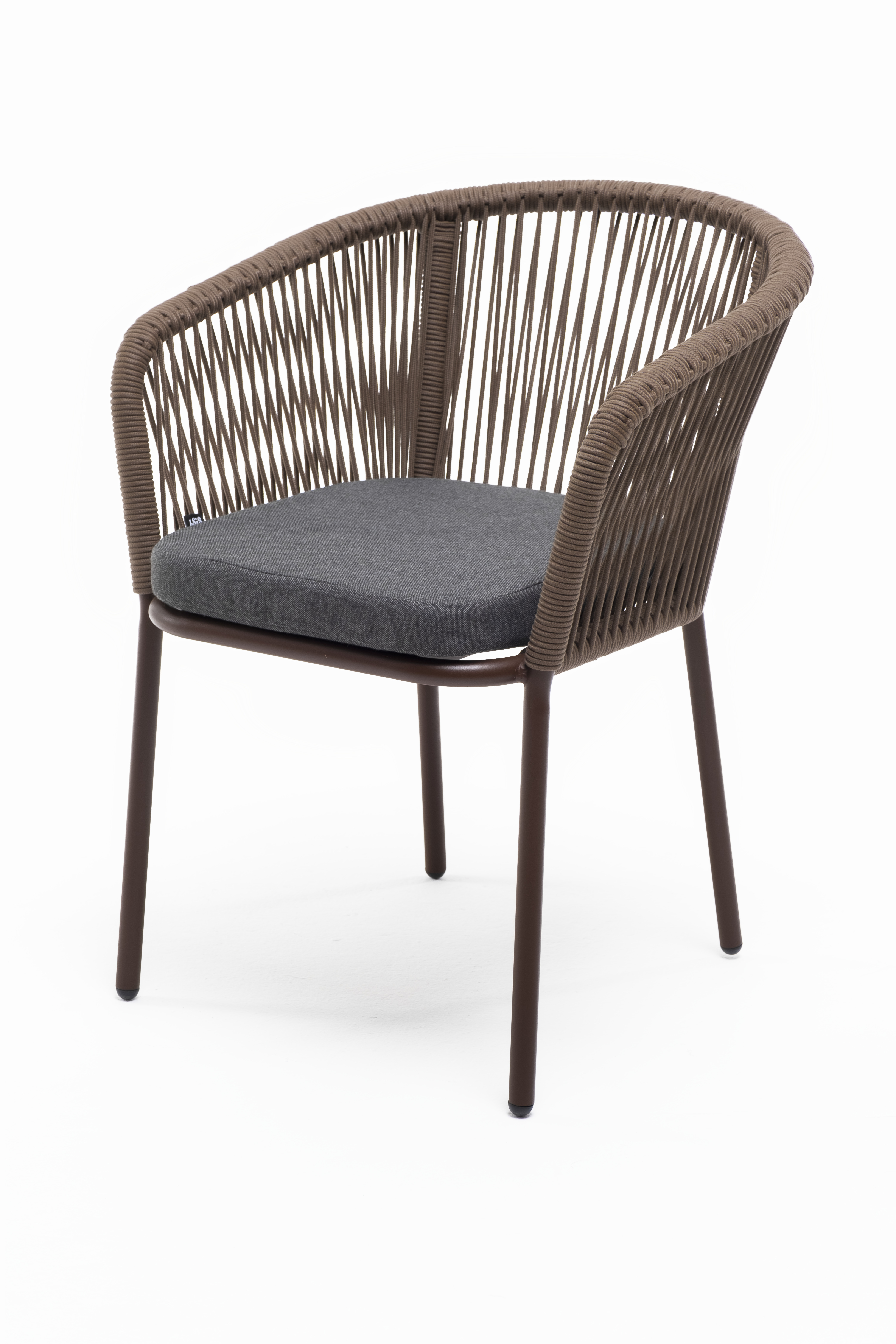 "Марсель" стул плетеный из роупа, каркас алюминий (RAL8017) муар, роуп коричневый круглый, ткань темно-серая 027