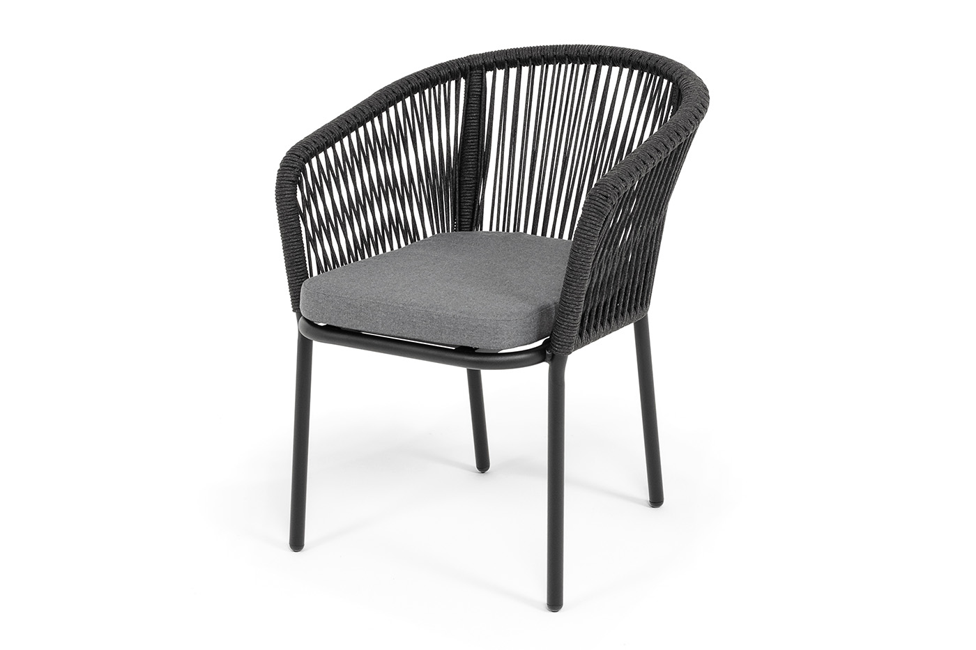 "Марсель" стул плетеный из роупа, каркас алюминий черный муар, роуп темно-серый круглый, ткань темно-серая 027