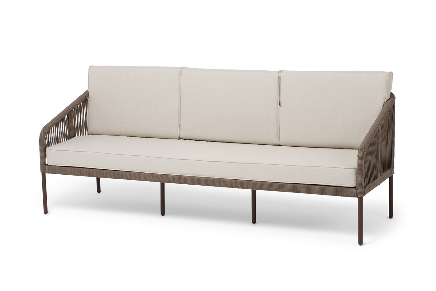 "Канны" диван 3-местный плетеный из роупа, каркас алюминий коричневый (RAL8016) муар, роуп коричневый круглый, ткань бежевая 15052