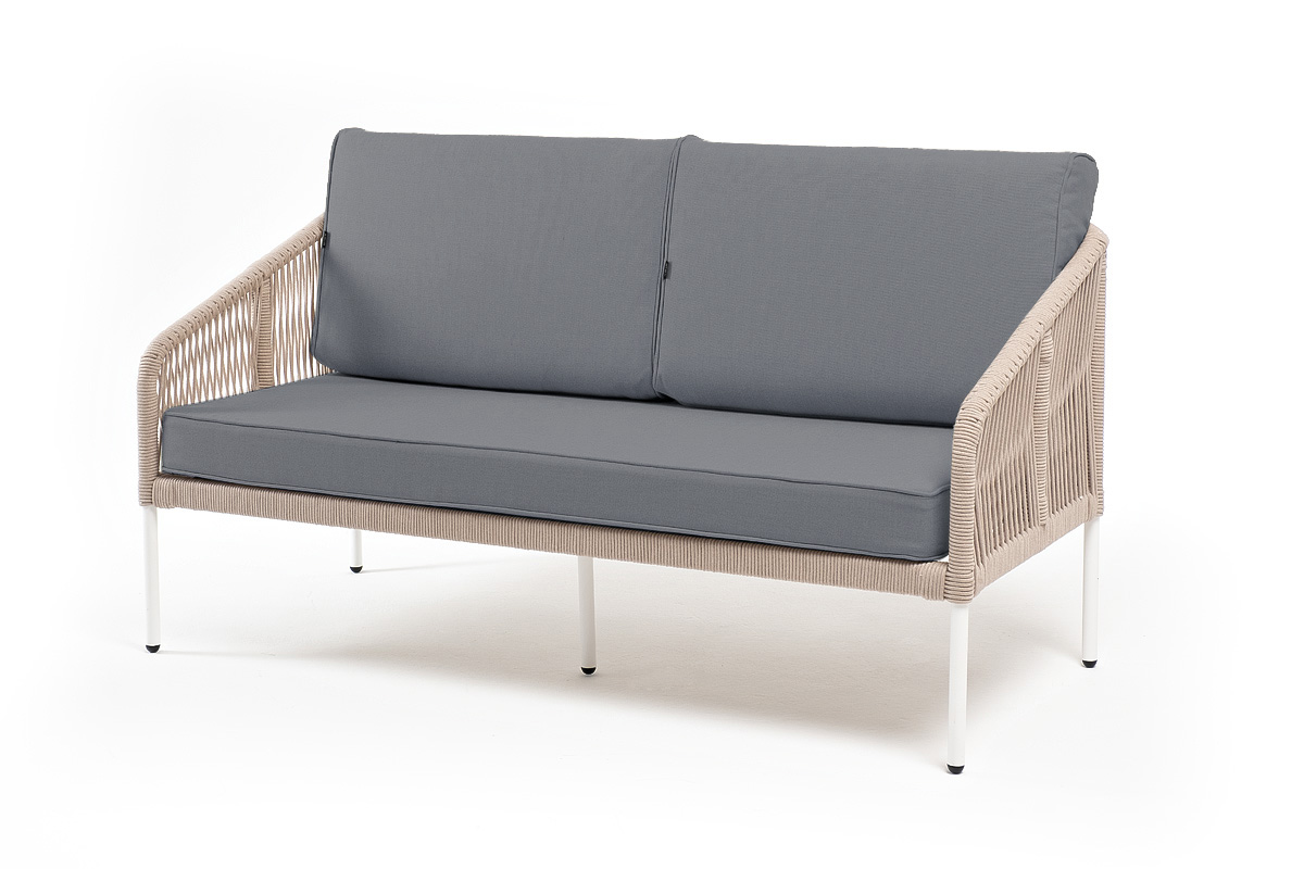 "Канны" диван 2-местный плетеный из роупа, каркас алюминий светло-серый (RAL7035) шагрень, роуп бежевый круглый, ткань серая 017, пос.H45