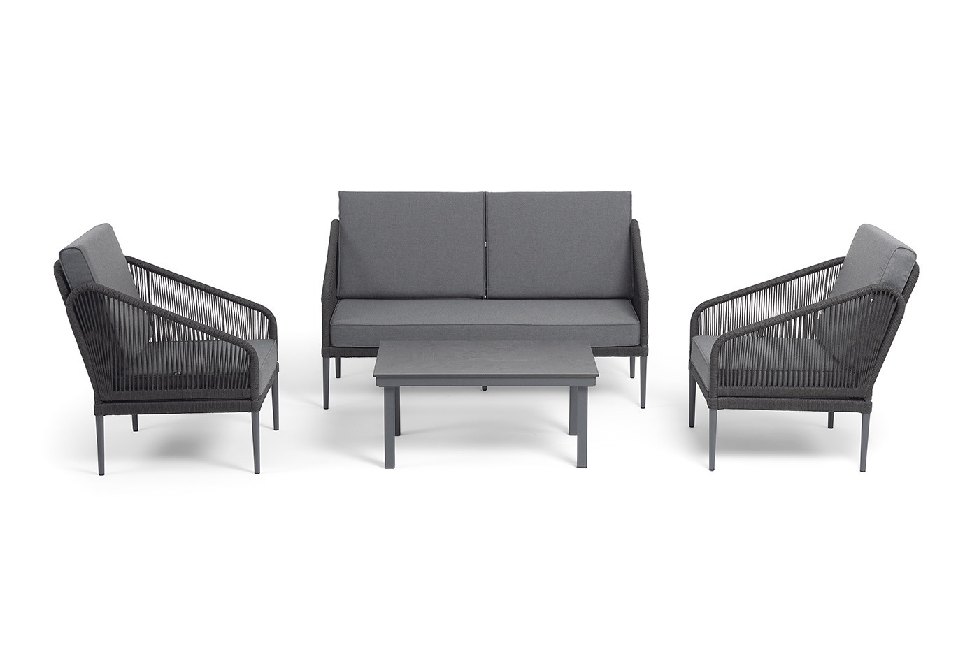 "Канны" лаунж-зона 4-местная (разборная) из роупа со столиком "Канны" цвета "серый гранит", роуп роуп темно-серый круглый, ткань темно-серая