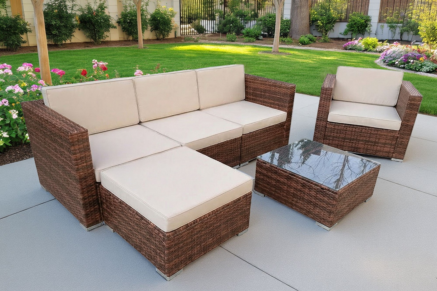 "Даллас" лаунж-зона из искусственного ротанга на 5 персон, цвет коричневый (К)