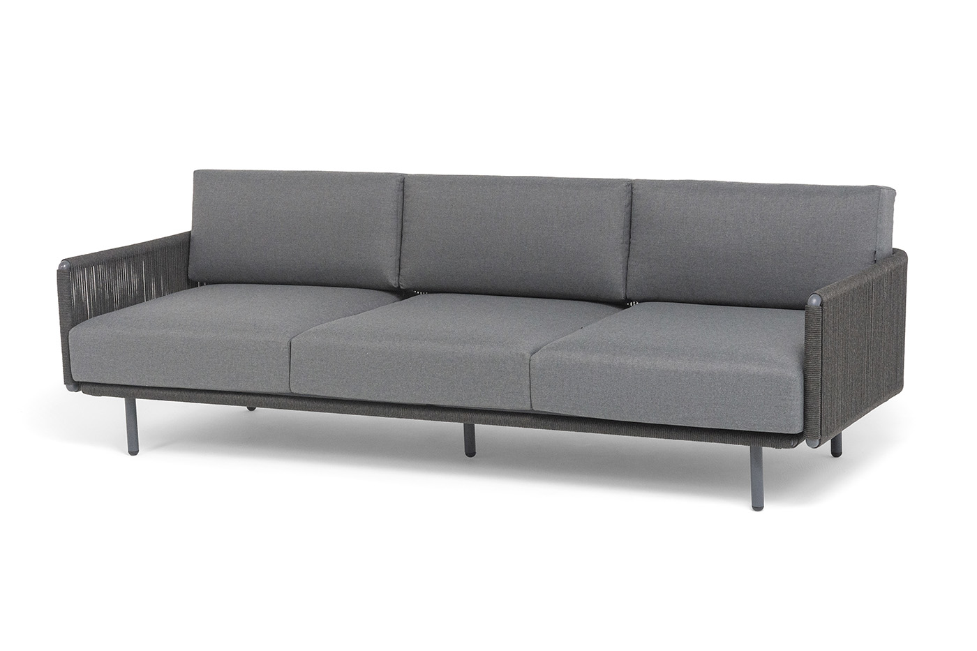 "Джелло" диван 3-местный плетеный из роупа, каркас алюминий темно-серый (RAL7024) муар, роуп темно-серый круглый, ткань темно-серая 027