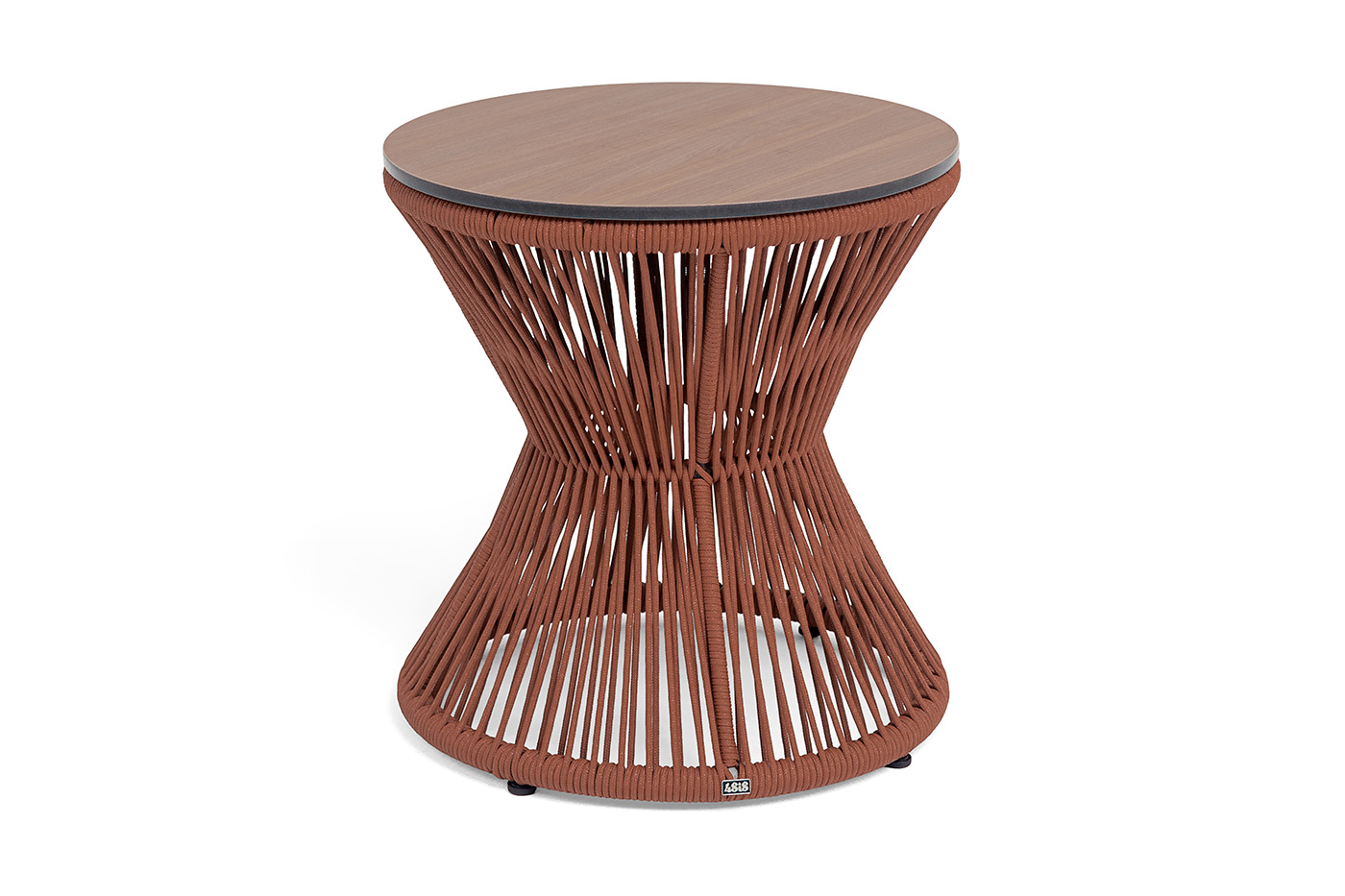 "Мадрид" журнальный стол из HPL круглый Ø50 H55, каркас из алюминия коричневый (RAL8016) муар, цвет "дуб", роуп красный (8372) круглый tex