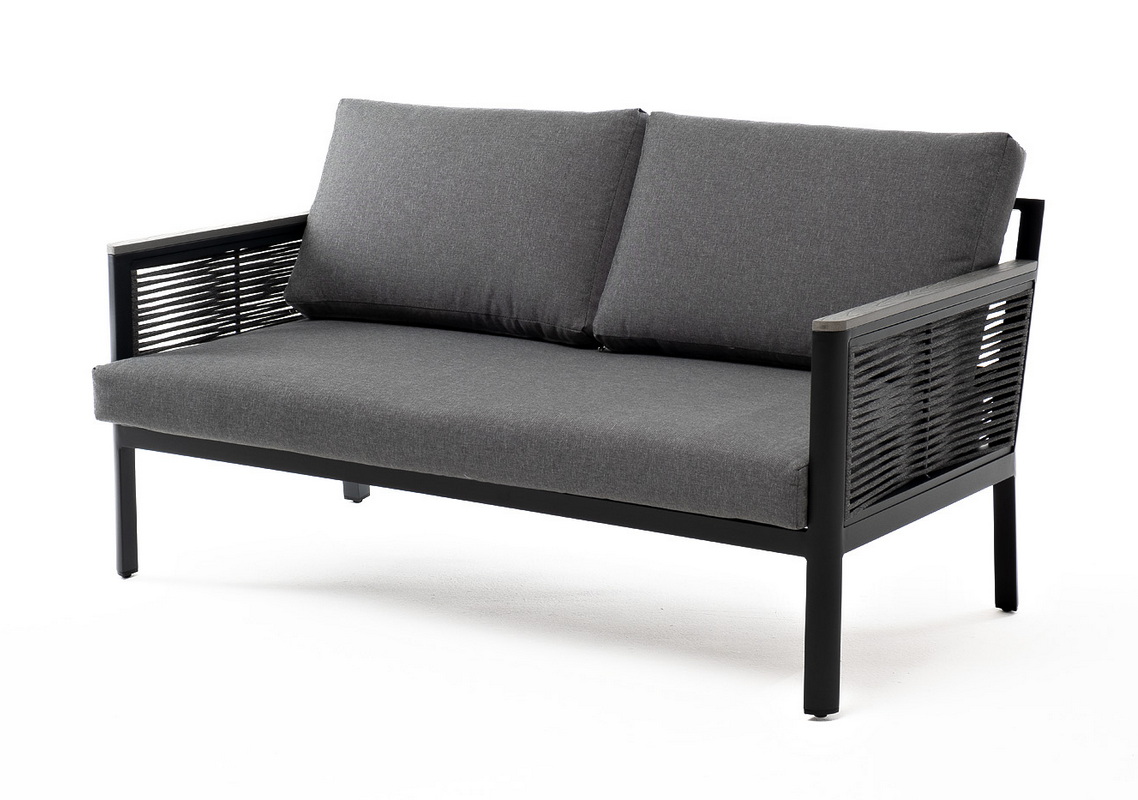 "Сан Ремо" диван 2-местный плетеный из роупа, каркас алюминий темно-серый, роуп серый, ткань серая