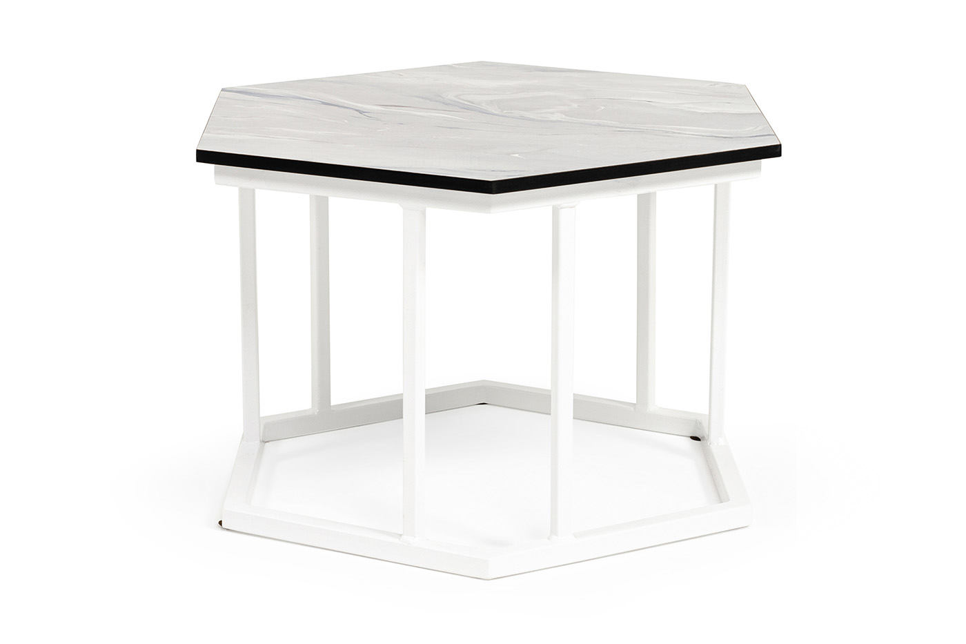 "Женева" интерьерный стол из HPL шестиугольный, D50, H35, цвет "мрамор пепел", каркас из стали белый муар