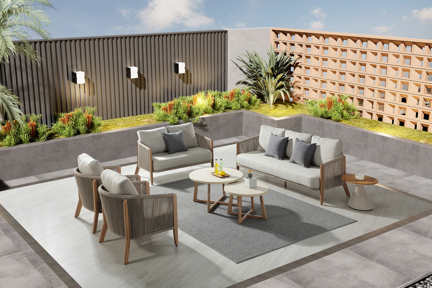 "Куршевель" лаунж-зона 7-местная плетеная из роупа, цвет светло-серый, каркас под дерево