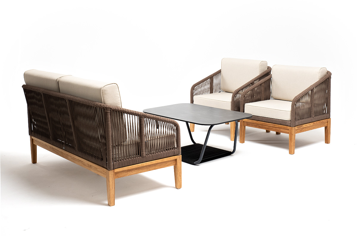 "Канны" лаунж-зона 4-местная из роупа со столом "Гранада" (серый гранит), основание дуб, роуп коричневый, ткань бежевая