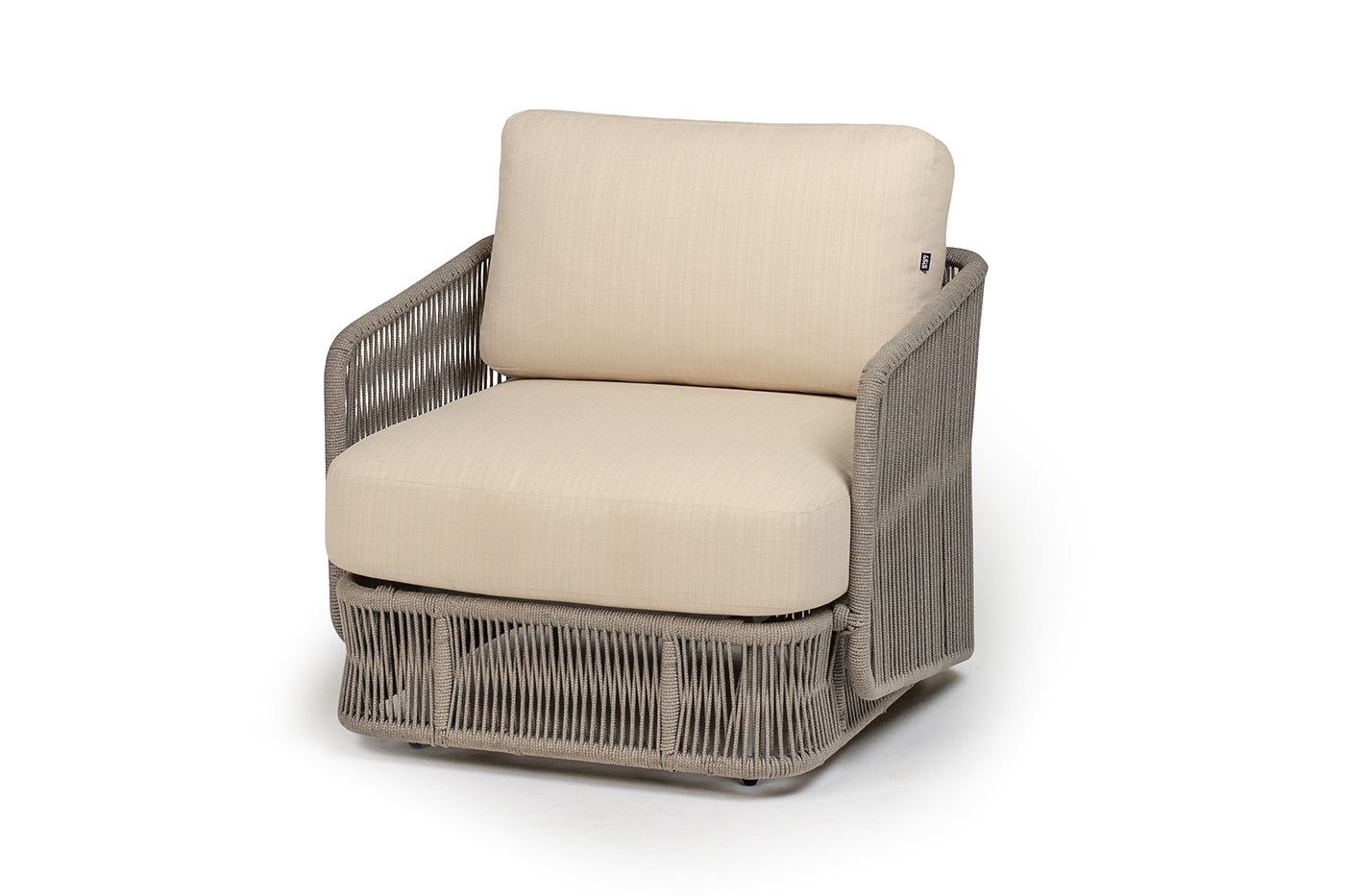 "Альбано" кресло плетеное из роупа, каркас алюминий светло-серый (RAL7035) муар, роуп серый меланж круглый, ткань Mossle светло-бежевая