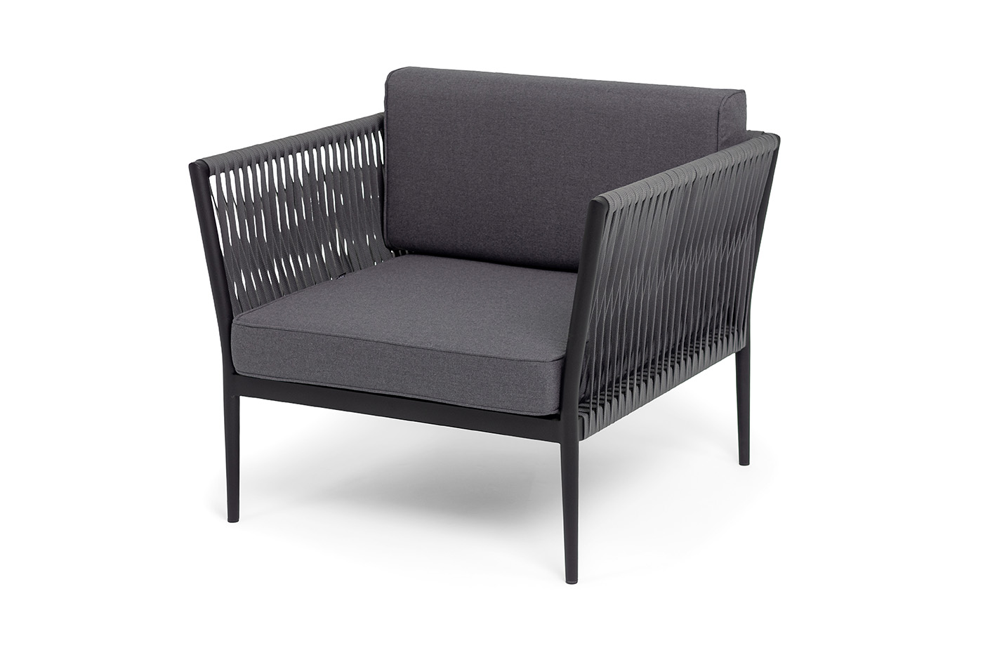 "Касабланка" кресло плетеное из роупа, каркас алюминий черный муар, роуп серый 15мм, ткань темно-серая 027