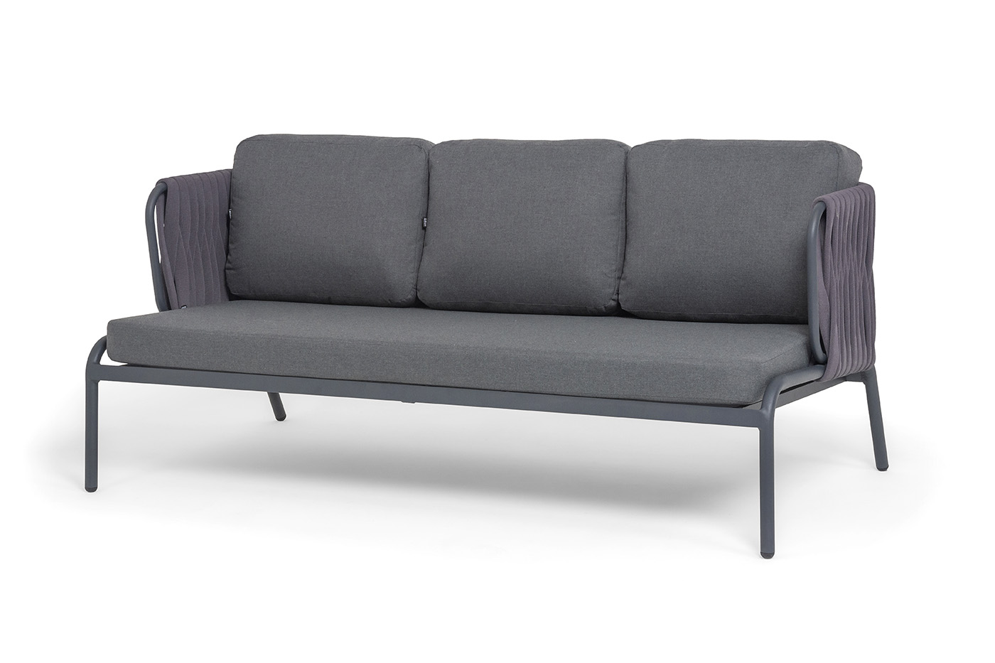 "Ронда" диван 3-местный плетеный из роупа, каркас алюминий темно-серый (RAL7024) муар, роуп серый 40 мм tex, ткань темно-серая 027