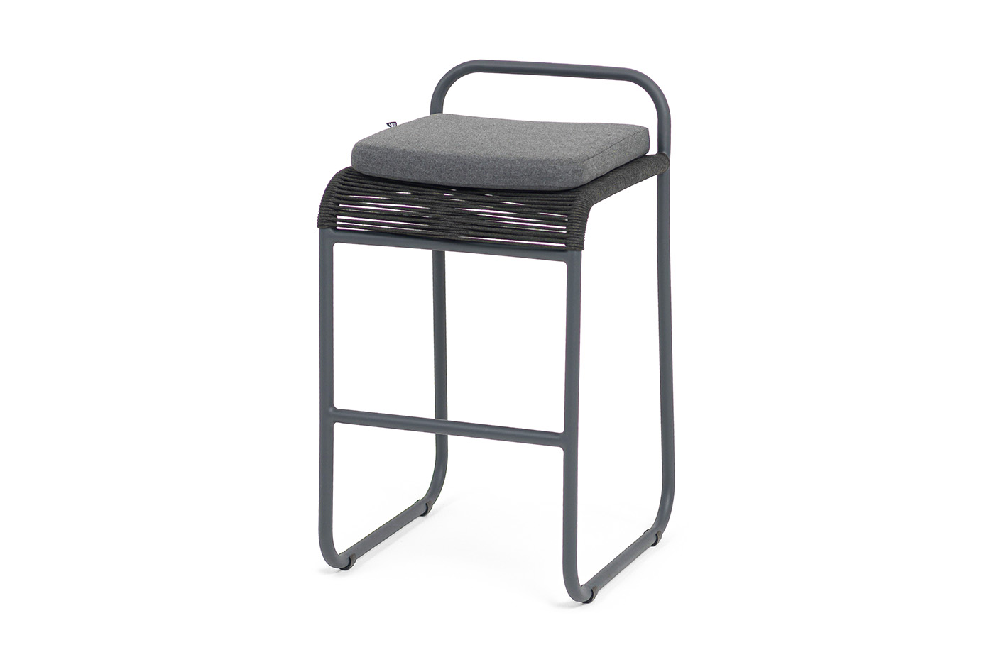 "Ането" стул барный плетеный из роупа, каркас алюминий темно-серый (RAL7024) муар, роуп темно-серый круглый, ткань темно-серая 027