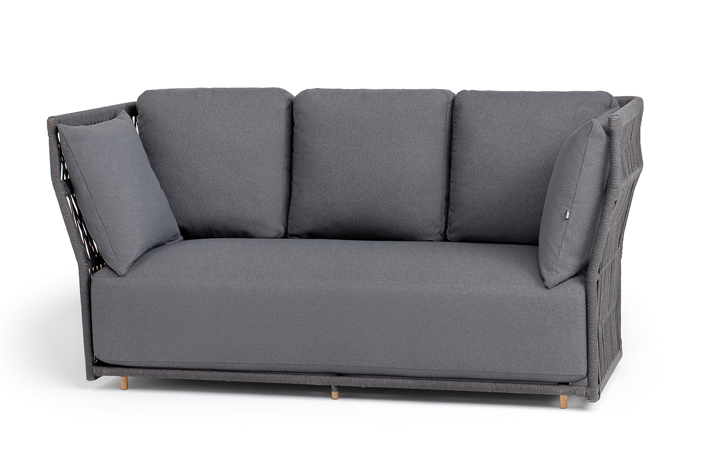 "Лугано" диван 3-местный плетеный из роупа, каркас алюминий темно-серый (RAL7024) муар, роуп темно-серый круглый, ткань темно-серая YB25-0027