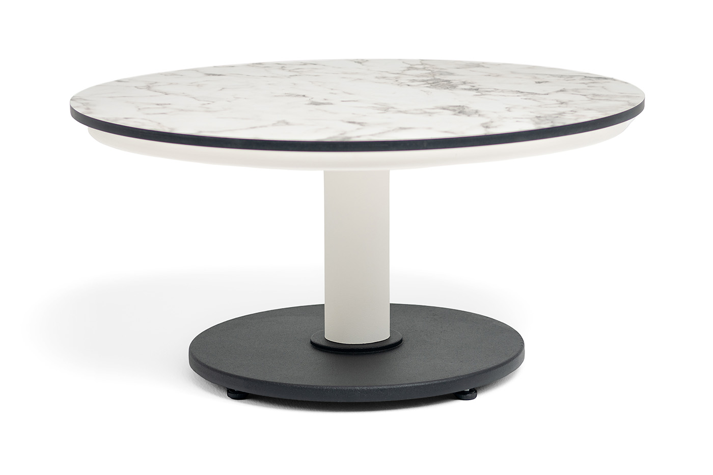 "Чили" интерьерный стол из HPL круглый Ø65 H32, каркас белый муар, цвет мрамор Каррара