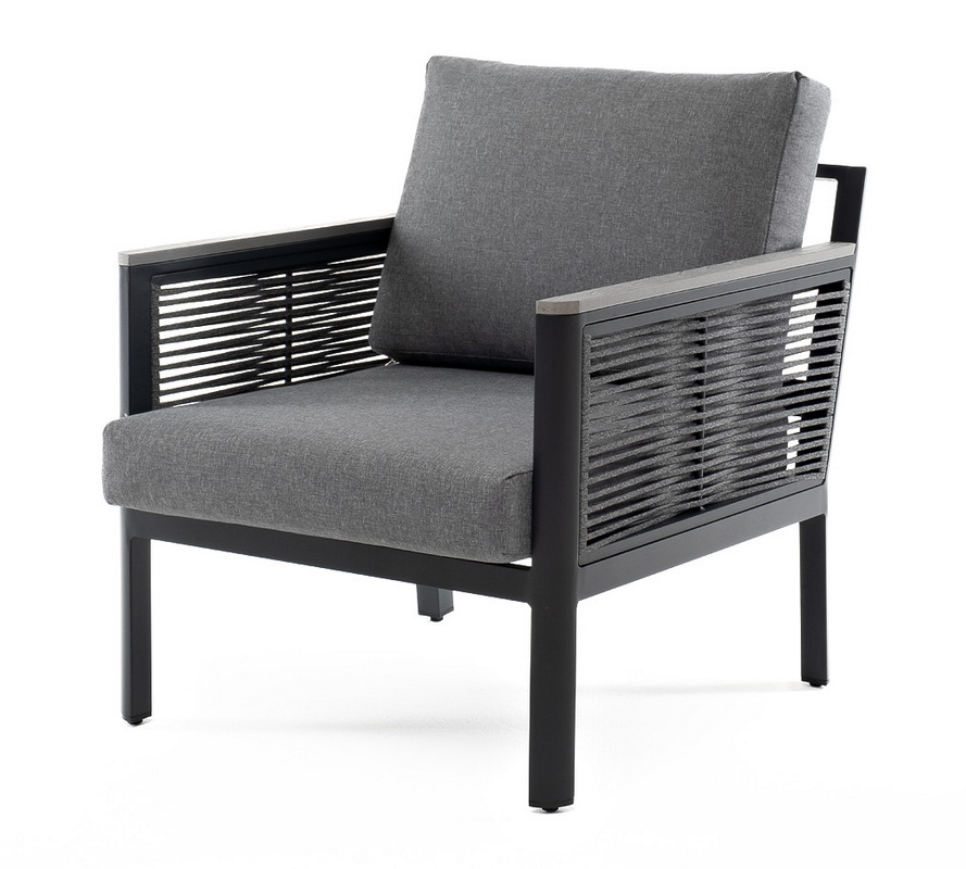 "Сан Ремо" кресло плетеное из роупа садовое, каркас алюминий темно-серый, роуп серый, ткань серая