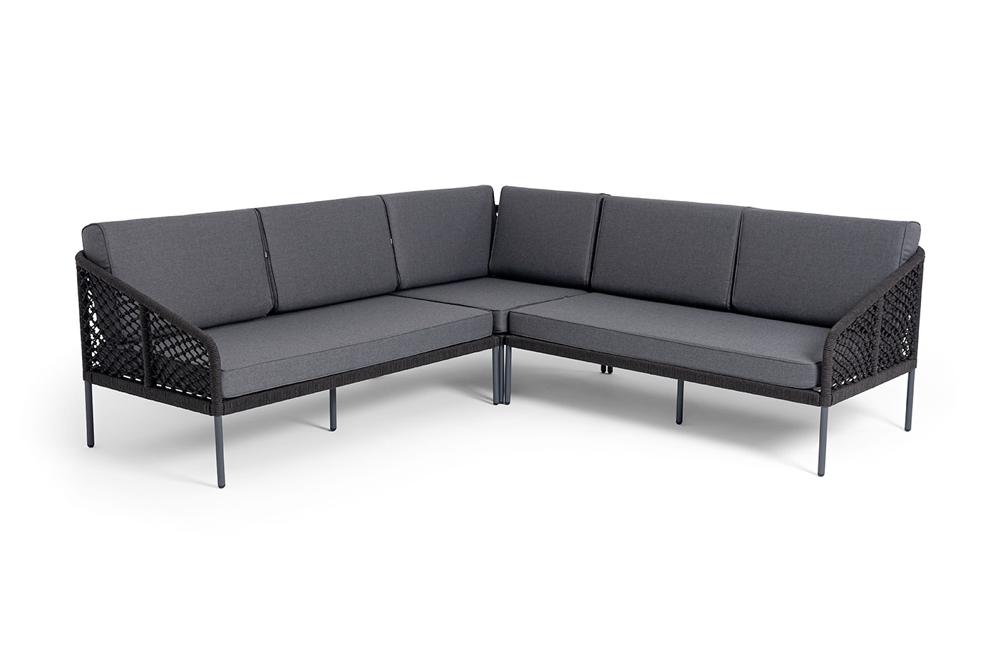 "Канны" диван модульный плетеный из роупа (узелки), каркас алюминий темно-серый (RAL7024) муар, роуп темно-серый круглый, ткань темно-серая 027