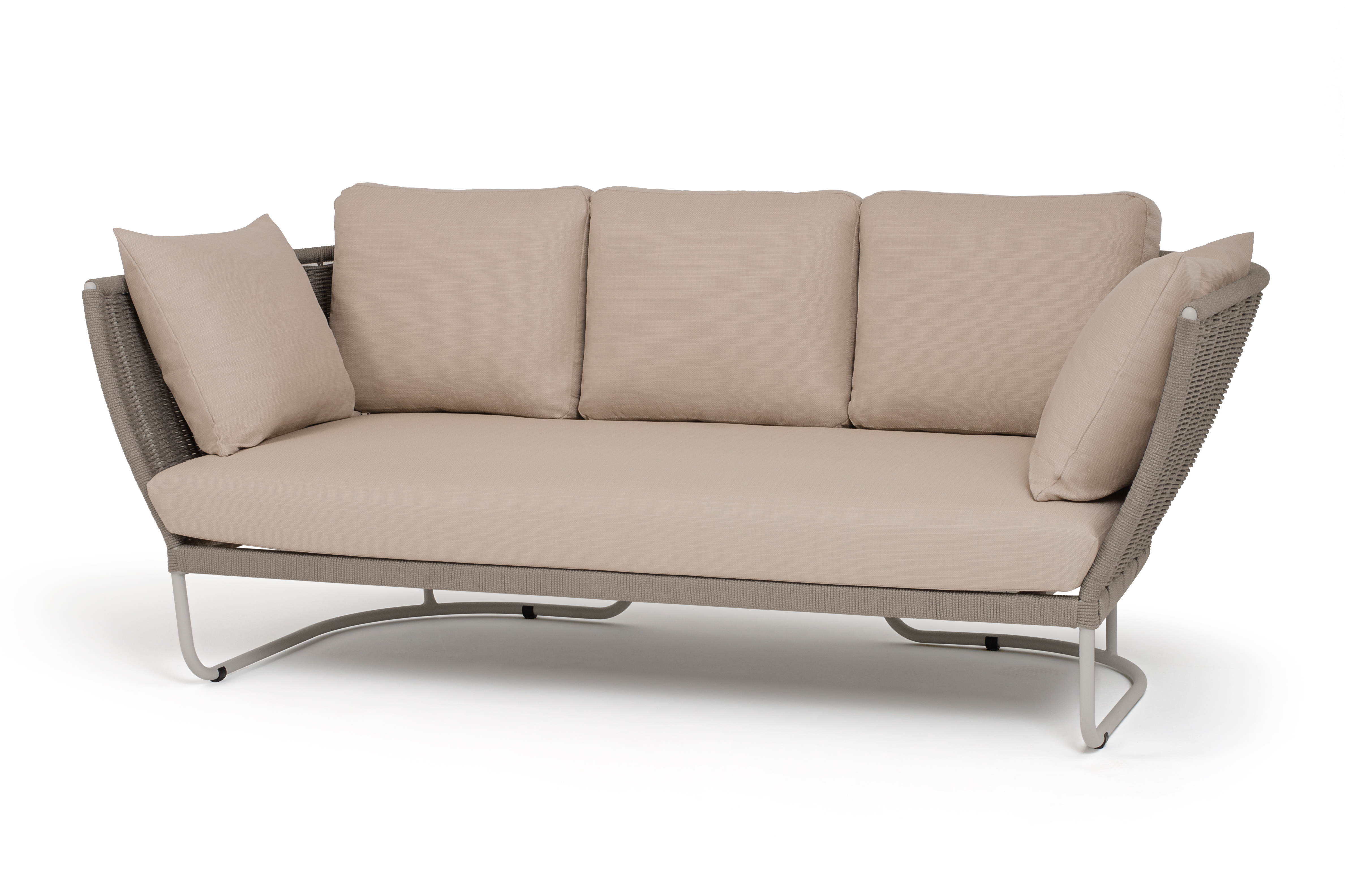 "Фиджи" диван 3-местный плетеный из роупа, каркас алюминий светло-серый (RAL7035) муар, роуп серый меланж круглый, ткань Mossle бежевая