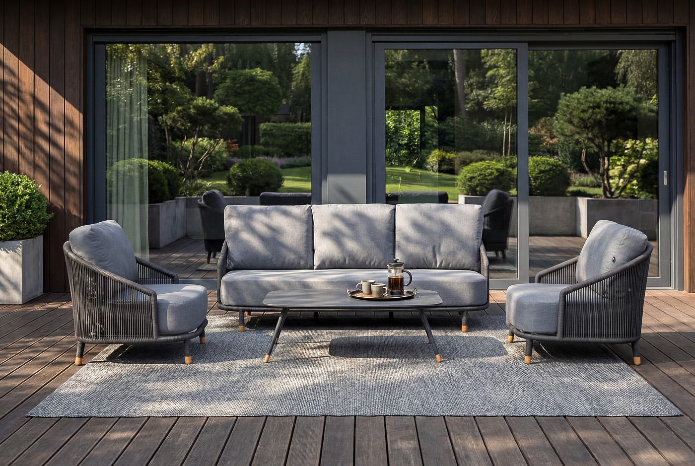 "Верона" лаунж-зона 5-местная плетеная из роупа (веревки), каркас алюминиевый темно-серый, роуп темно-серый