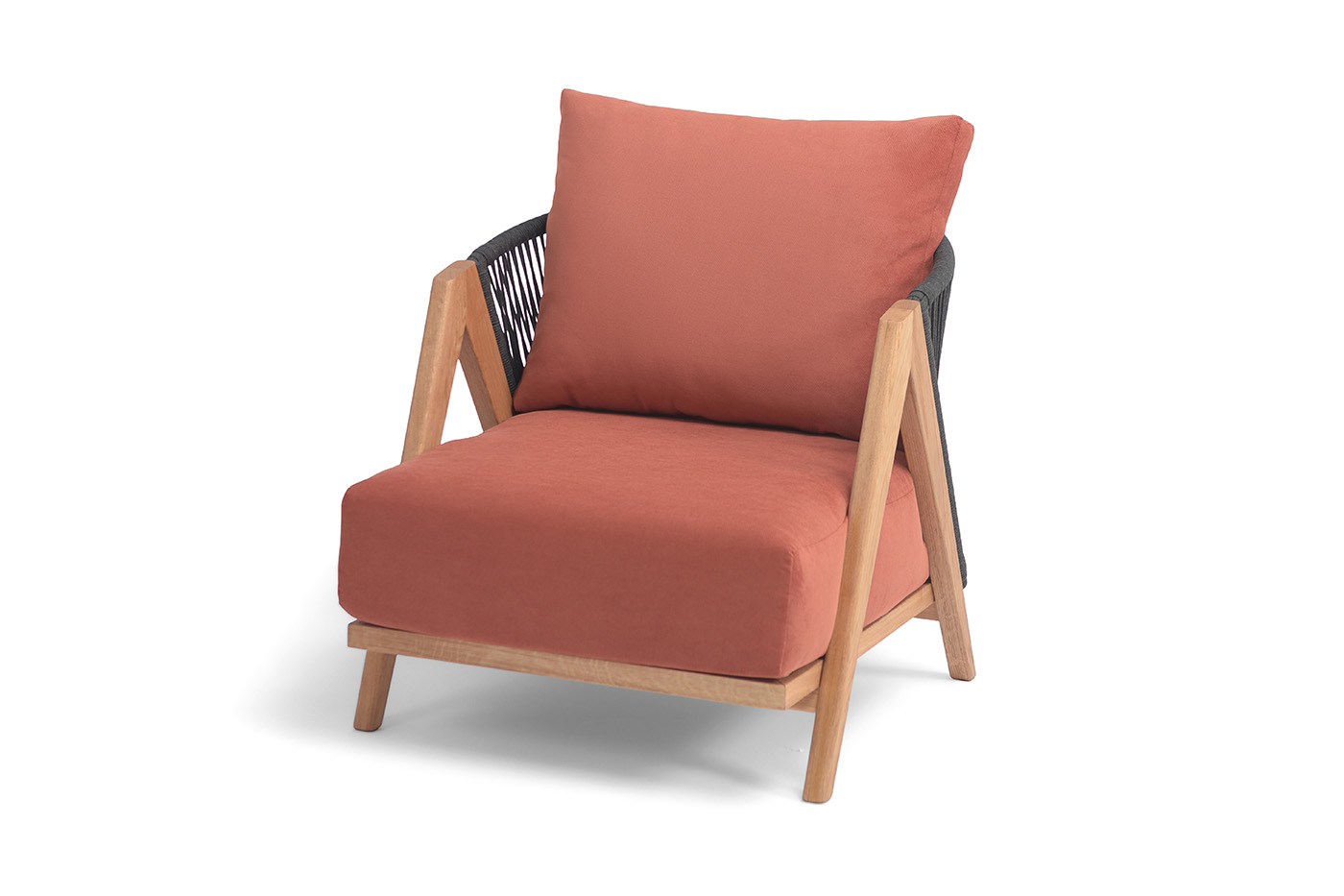 "Гарда" кресло плетеное из роупа, основание дуб, роуп темно-серый круглый, ткань терракотовая