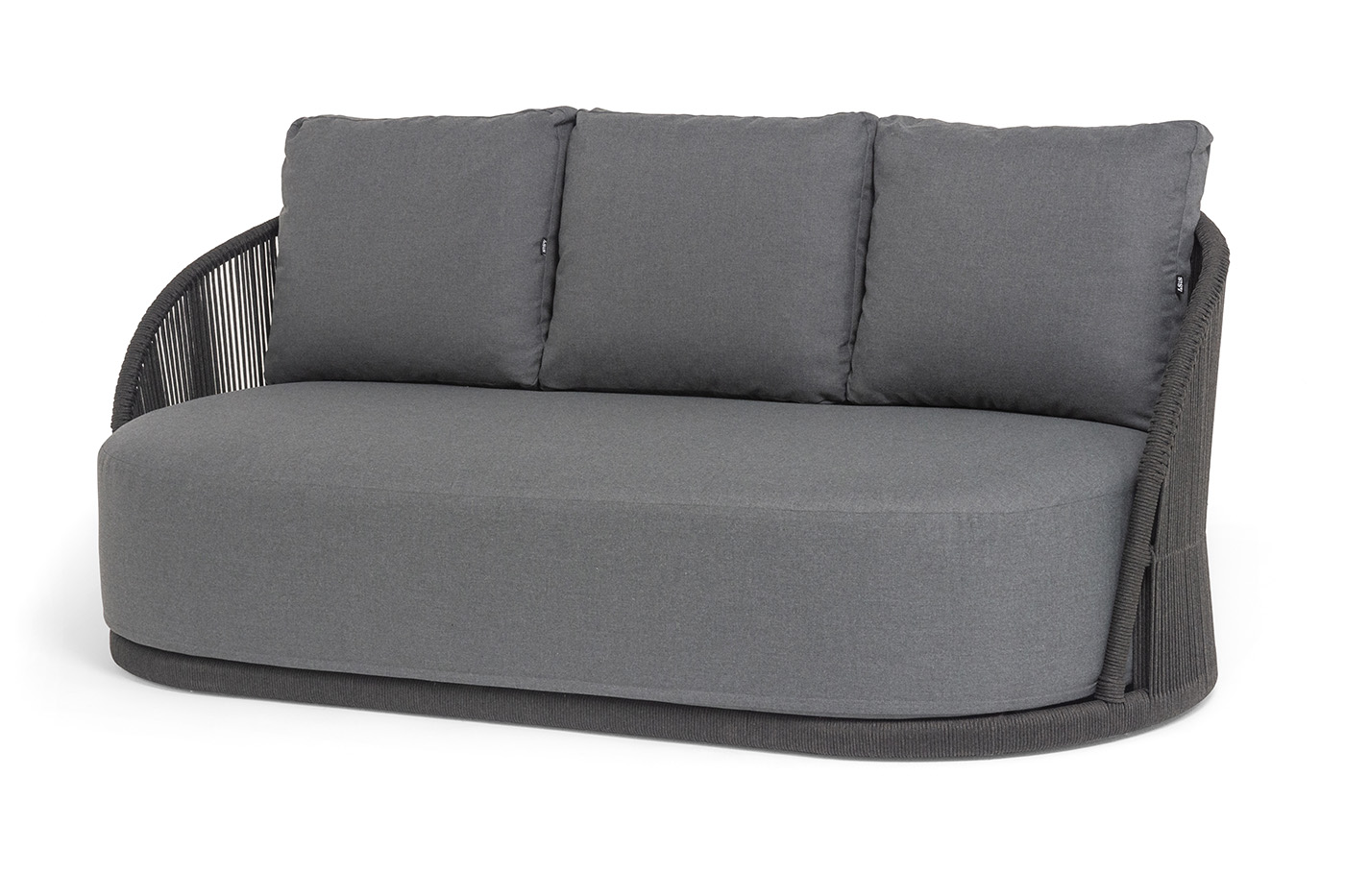 "Монтелла" диван 3-местный плетеный из роупа, каркас алюминий темно-серый (RAL7024) муар, роуп темно-серый круглый, ткань темно-серая 027