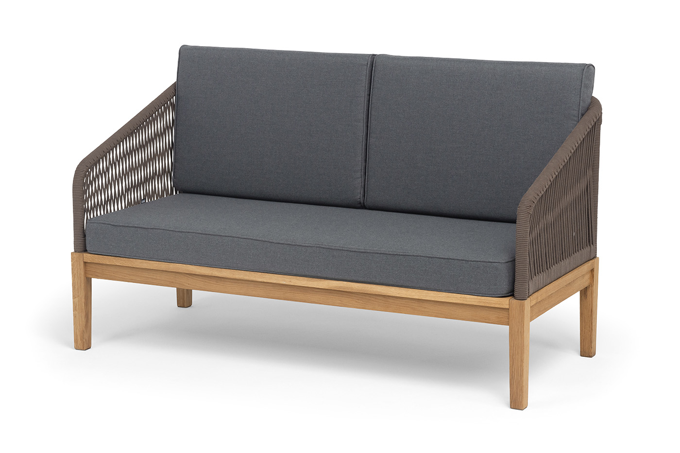 "Канны" диван 2-местный плетеный из роупа, основание дуб, роуп коричневый круглый, ткань темно-серая 027 NEW