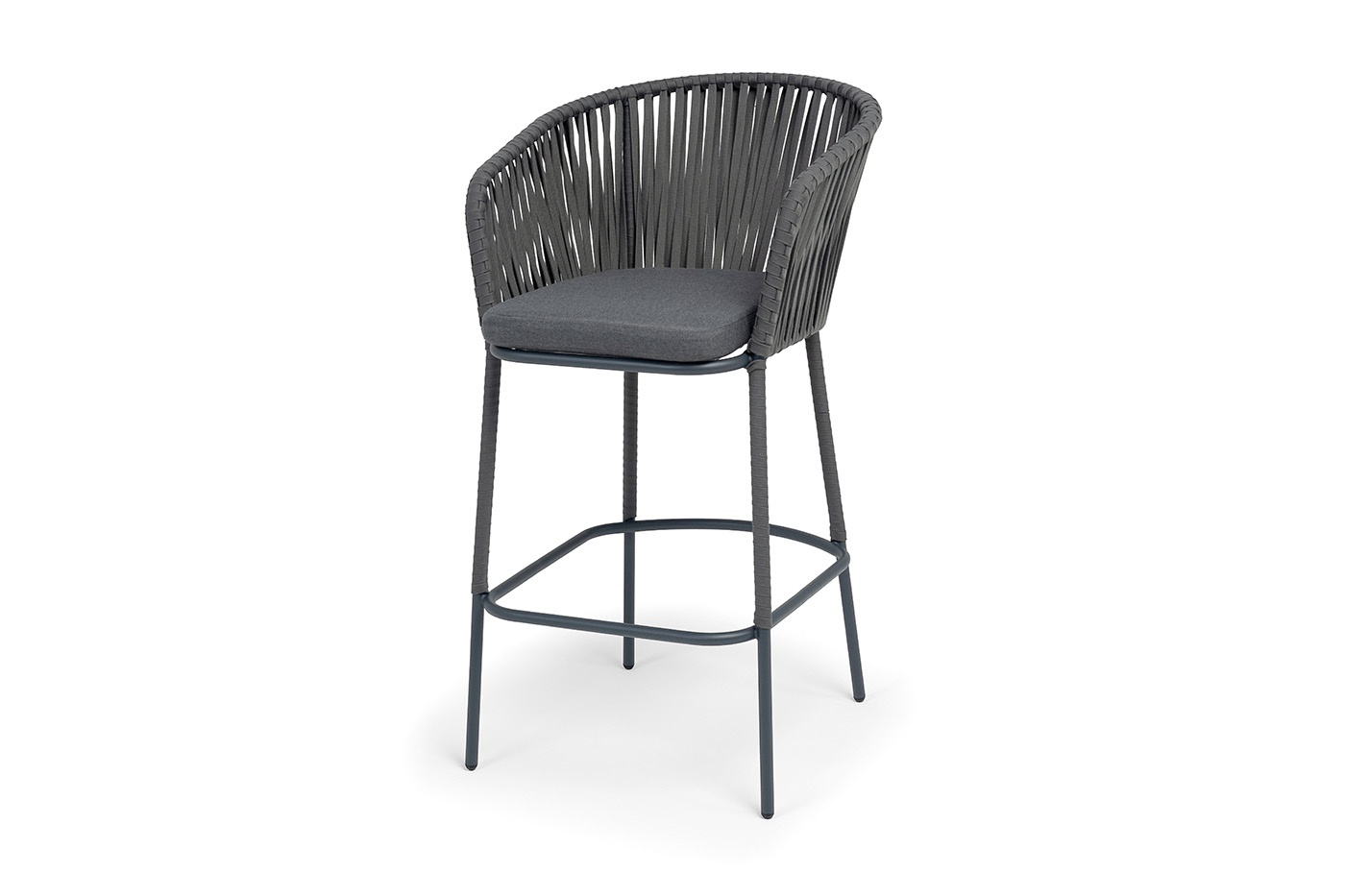 "Бордо" стул барный плетеный из роупа, каркас из стали темно-серый (RAL7024) муар, роуп серый 15мм, ткань темно-серая 027 NEW