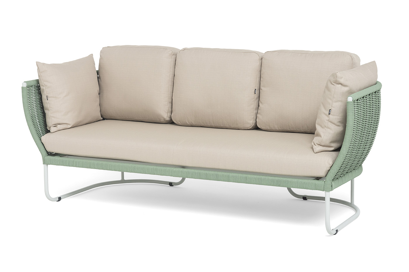 "Фиджи" диван 3-местный плетеный из роупа, каркас алюминий светло-серый (RAL7035) муар, роуп зеленый (4204) круглый tex, ткань Mossle бежевая