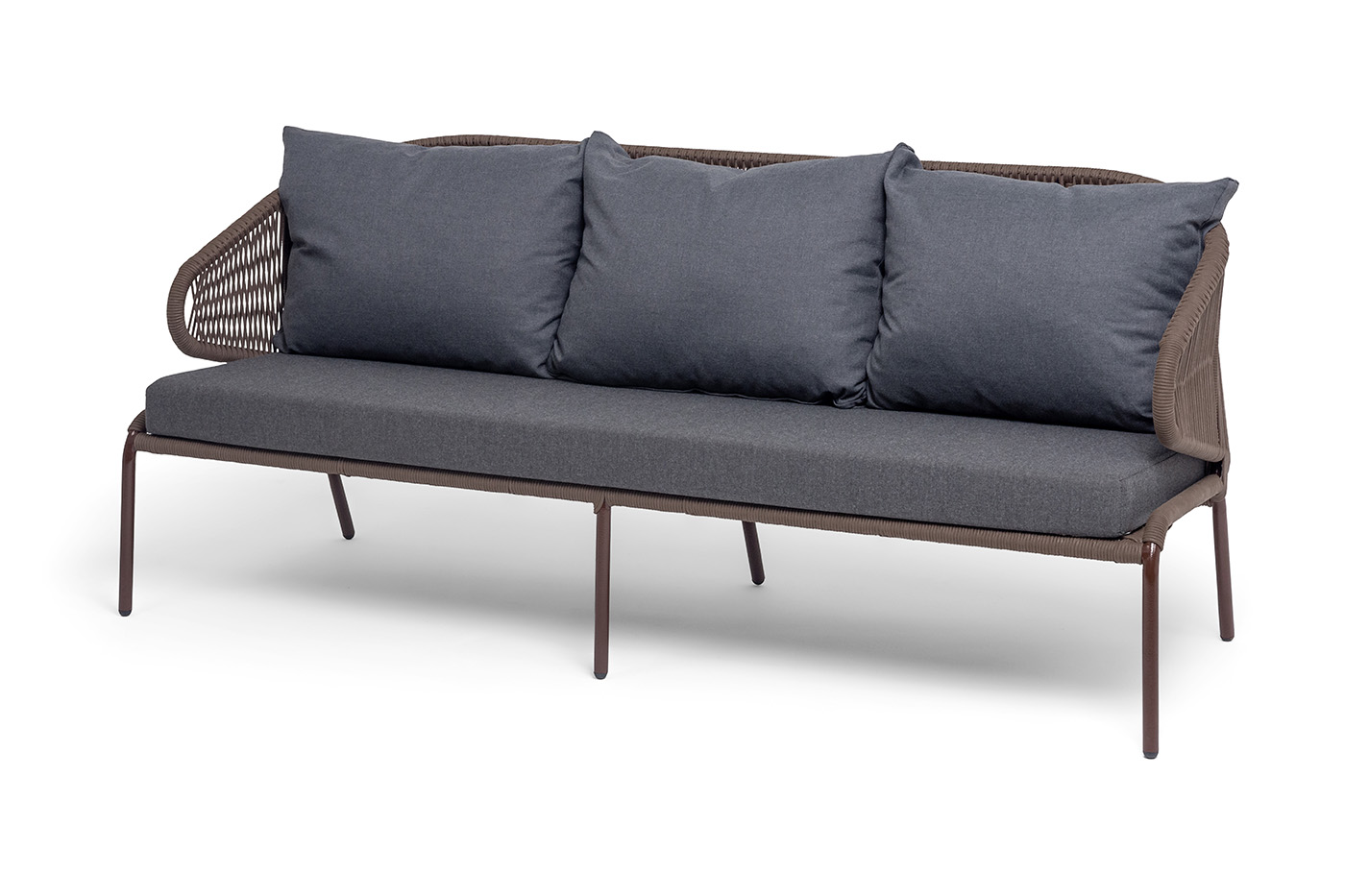 "Милан" диван 3-местный плетеный из роупа, каркас алюминий коричневый (RAL8016) шагрень, роуп коричневый круглый, ткань темно-серая 027