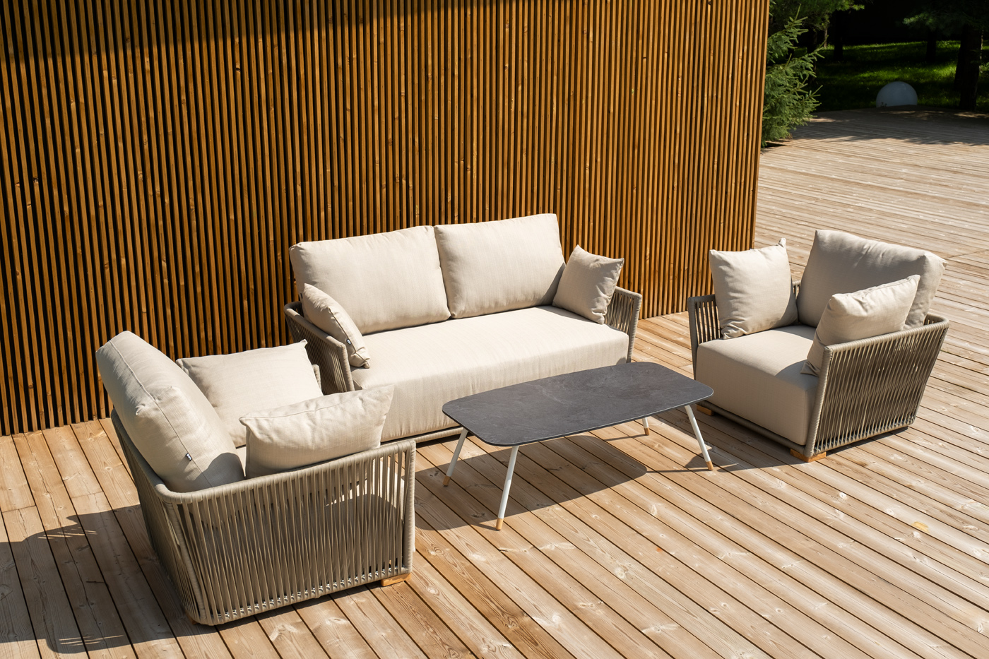 "Форли" лаунж-зона 4-местная плетеная из роупа (веревки), каркас алюминиевый светло-серый, роуп серо-коричневый