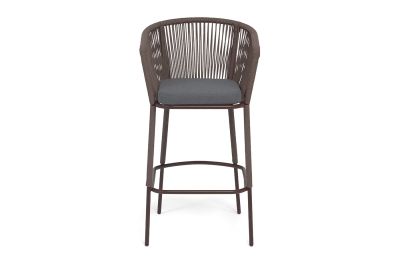 "Марсель" стул барный плетеный из роупа, каркас из стали коричневый (RAL8016) муар, роуп коричневый круглый, ткань темно-серая 027 NEW
