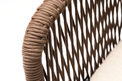 "Марсель" стул плетеный из роупа, каркас алюминий белый муар, роуп коричневый круглый, ткань бежевая 052 "Марсель" стул плетеный из роупа, каркас алюминий белый муар, роуп коричневый круглый, ткань бежевая 052