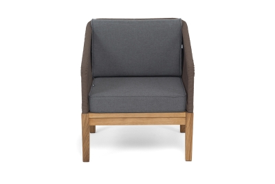 "Канны" кресло плетеное из роупа, основание дуб, роуп коричневый круглый, ткань темно-серая 027