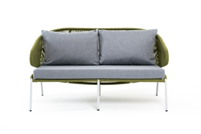 "Милан" диван 2-местный плетеный из роупа, каркас алюминий светло-серый (RAL7035) муар, роуп салатовый меланж круглый, ткань светло-серая "Милан" диван 2-местный плетеный из роупа, каркас алюминий светло-серый (RAL7035) муар, роуп салатовый меланж круглый, ткань светло-серая