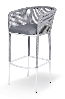 "Марсель" стул барный плетеный из роупа, каркас из стали светло-серый (RAL7035) муар, роуп светло-серый круглый, ткань светло-серая