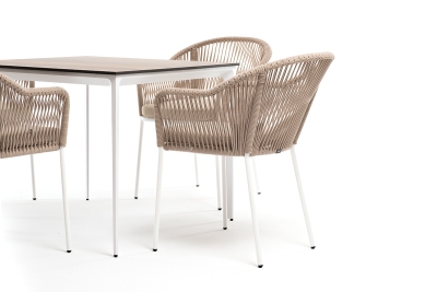 "Малага" обеденная группа на 4 персоны со стульями "Лион", каркас белый, роуп бежевый "Малага" обеденная группа на 4 персоны со стульями "Лион", каркас белый, роуп бежевый